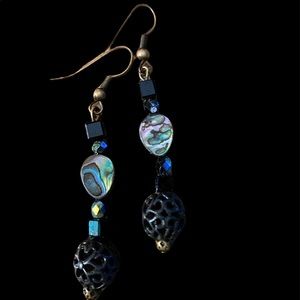Black Crystal, Filigree & Shell Earrings